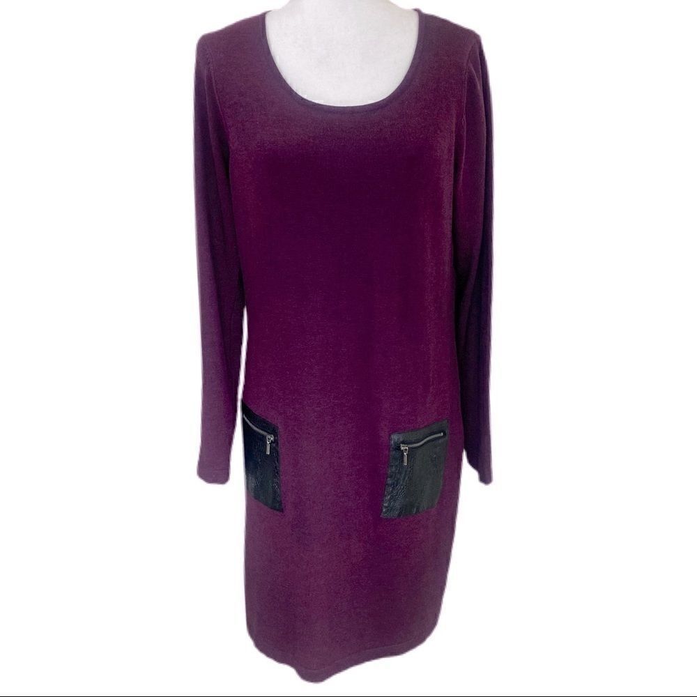 Neiman Marcus Purple Knit Dress. Faux Leather Details. Sz  Large Great Condition